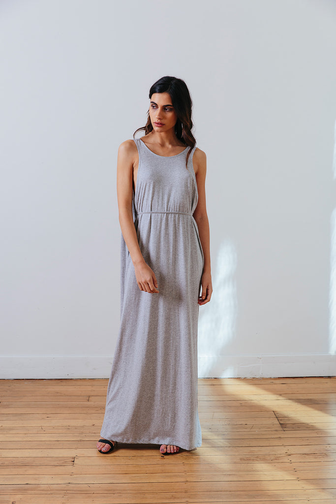 the mnml - ethical clothing - the decade dress - grey marle front